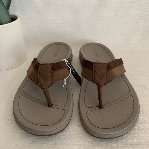 New Vionic Dennis Brown Leather Orthotic Flip Flop Sandals Men’s 8 - Picture 5 of 16